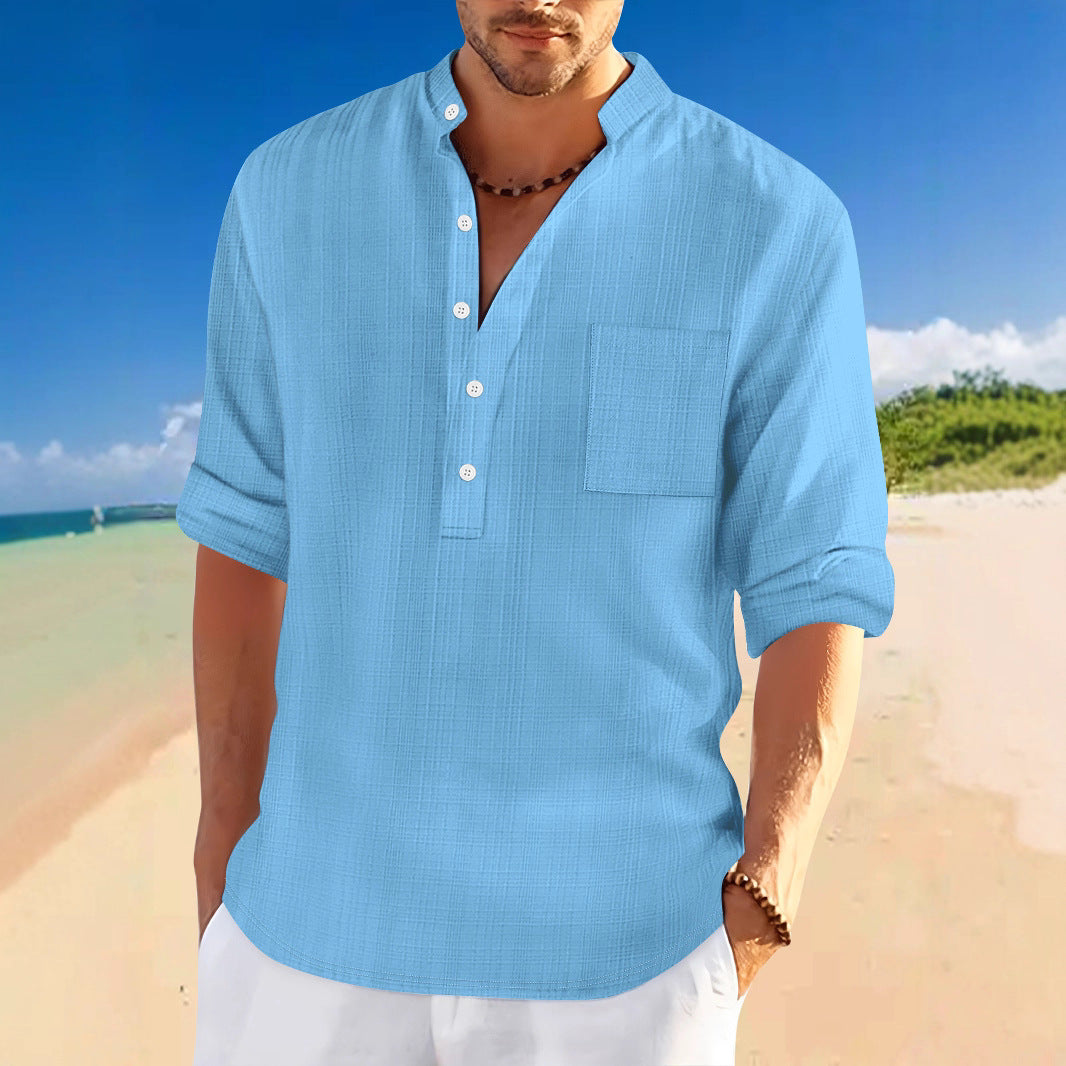 Homme Arrivée Stand-Collar Bamboo-Blend Loose-Fit chemise à manches longues