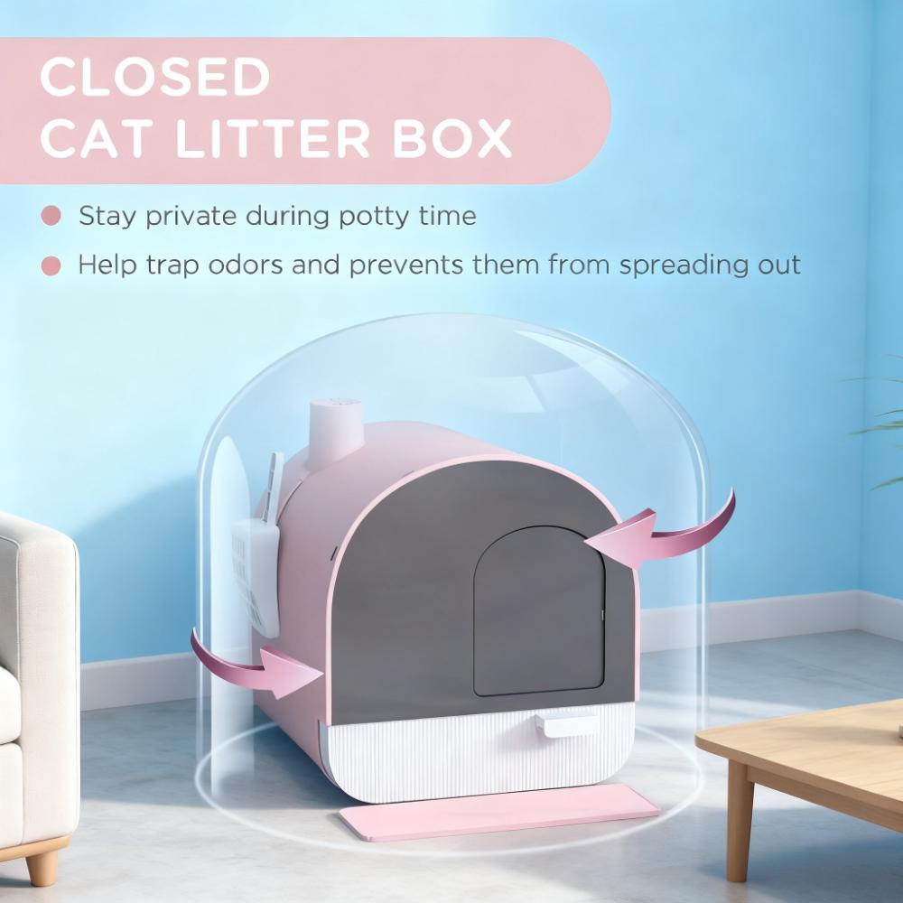 Boîte à litière pour chat rose avec couvercle et filtre