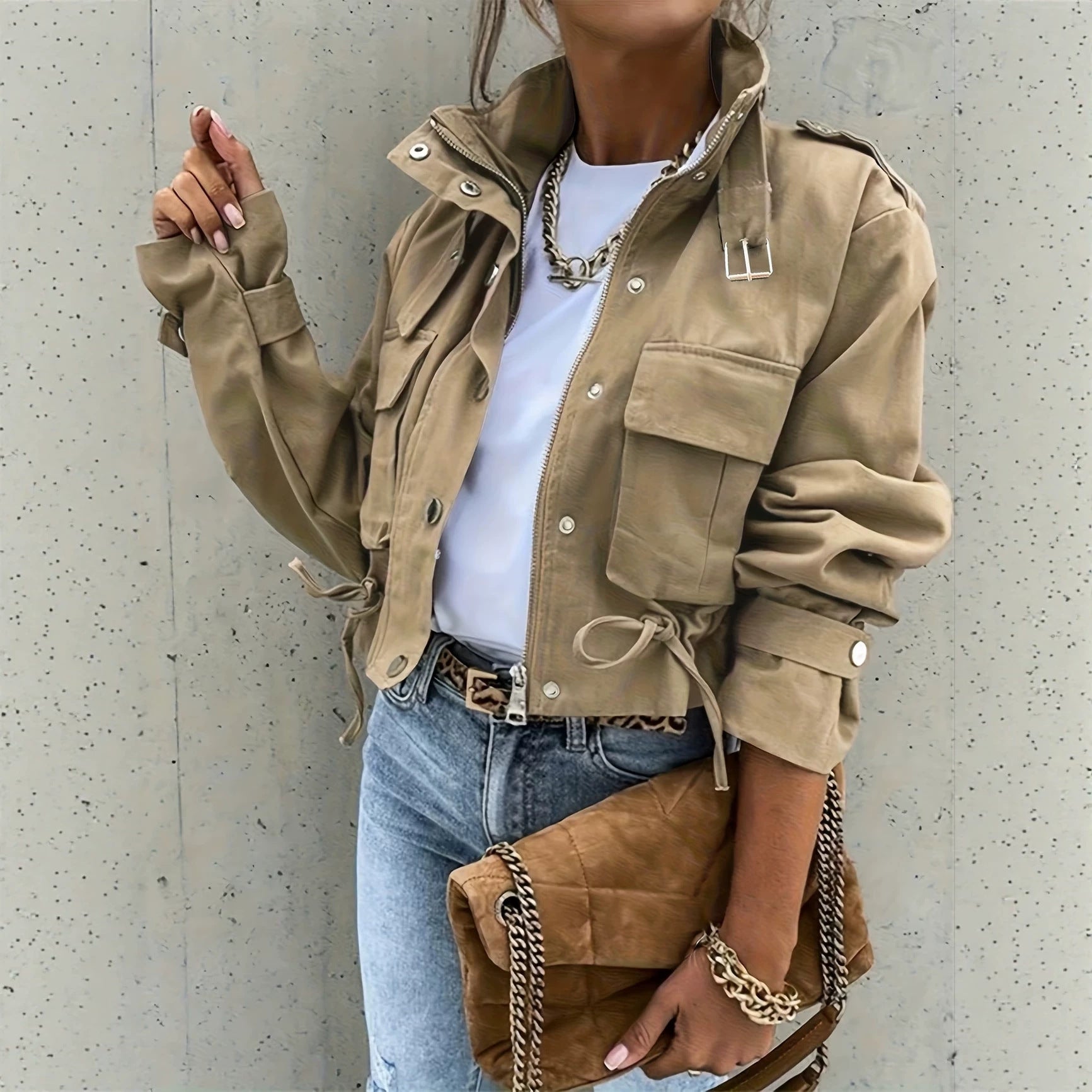 Veste femme à manches longues de style mandarin-collier Biker