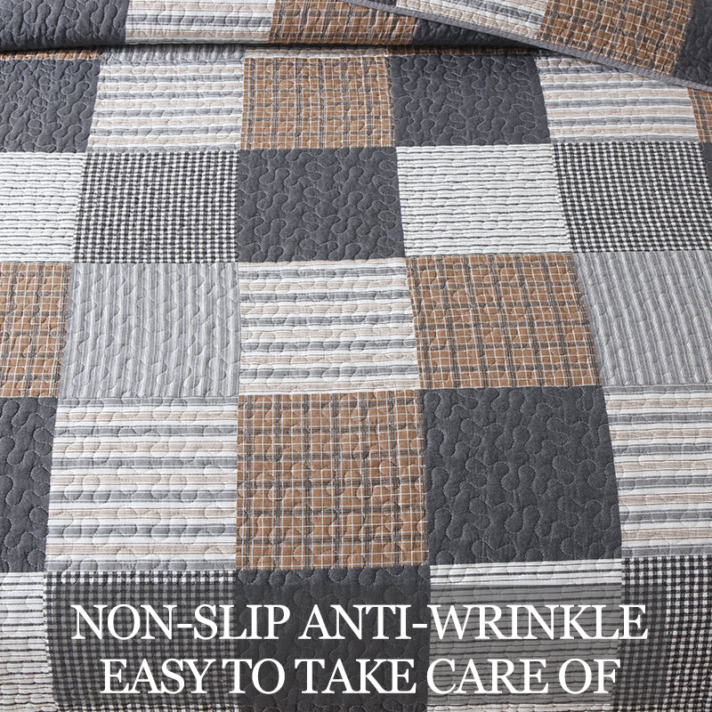 Cotton Reversible Quilt Bedspread Set French Country Checkered Print with Textured Stripe