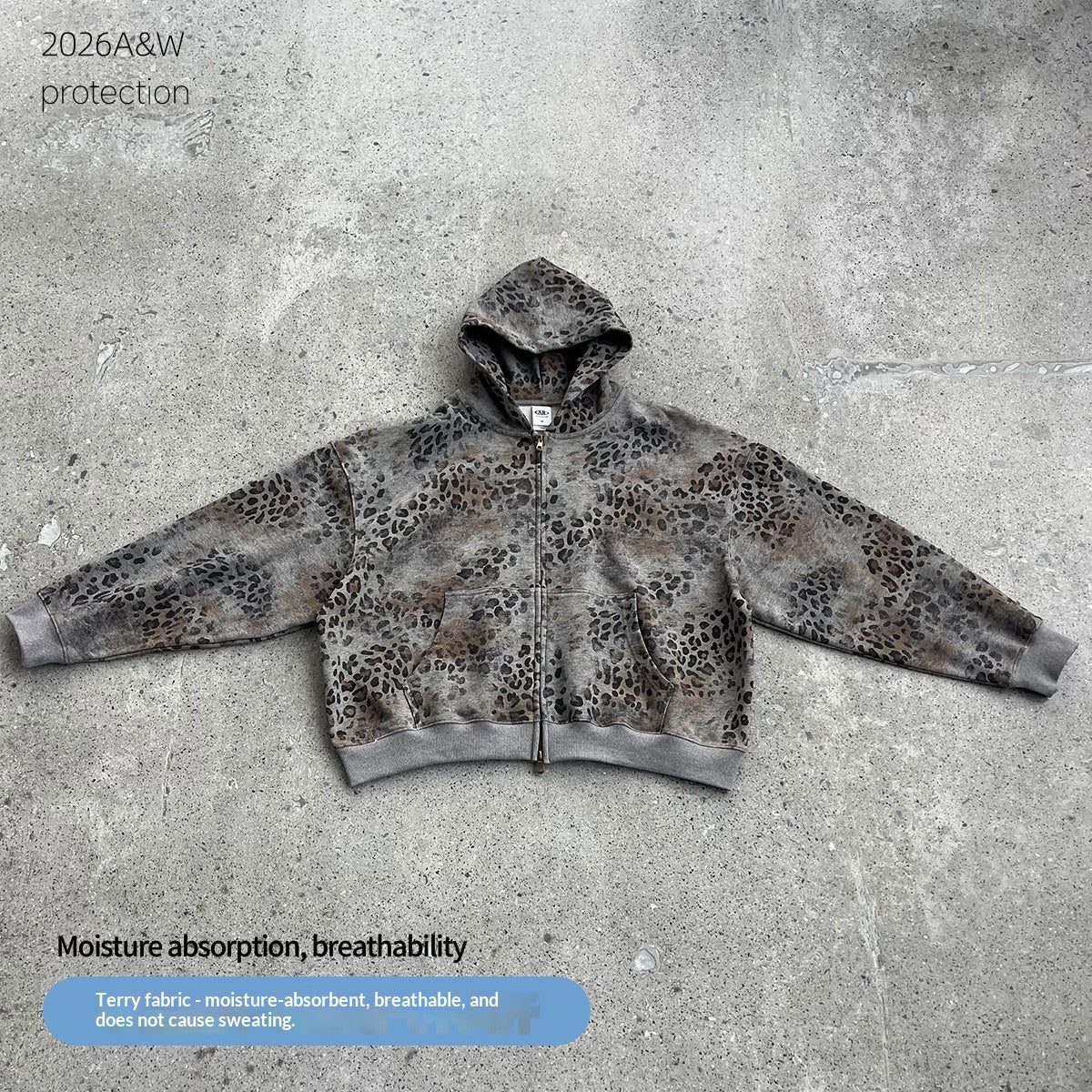Camouflage à capuchon Leopard-Imprimé Terry-Weave Sweatshirt Cardigan Coat