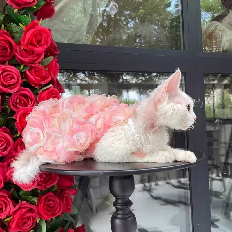Vêtements de chat sans cheveux Double-Layer Mesh 3D Rose robe princesse