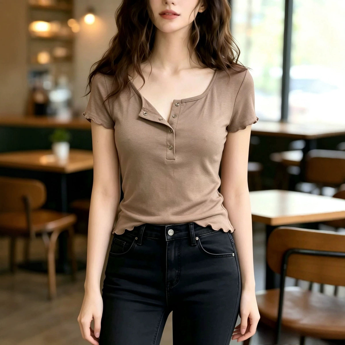 T-shirt tricoté U-Neck à manches courtes pour femmes