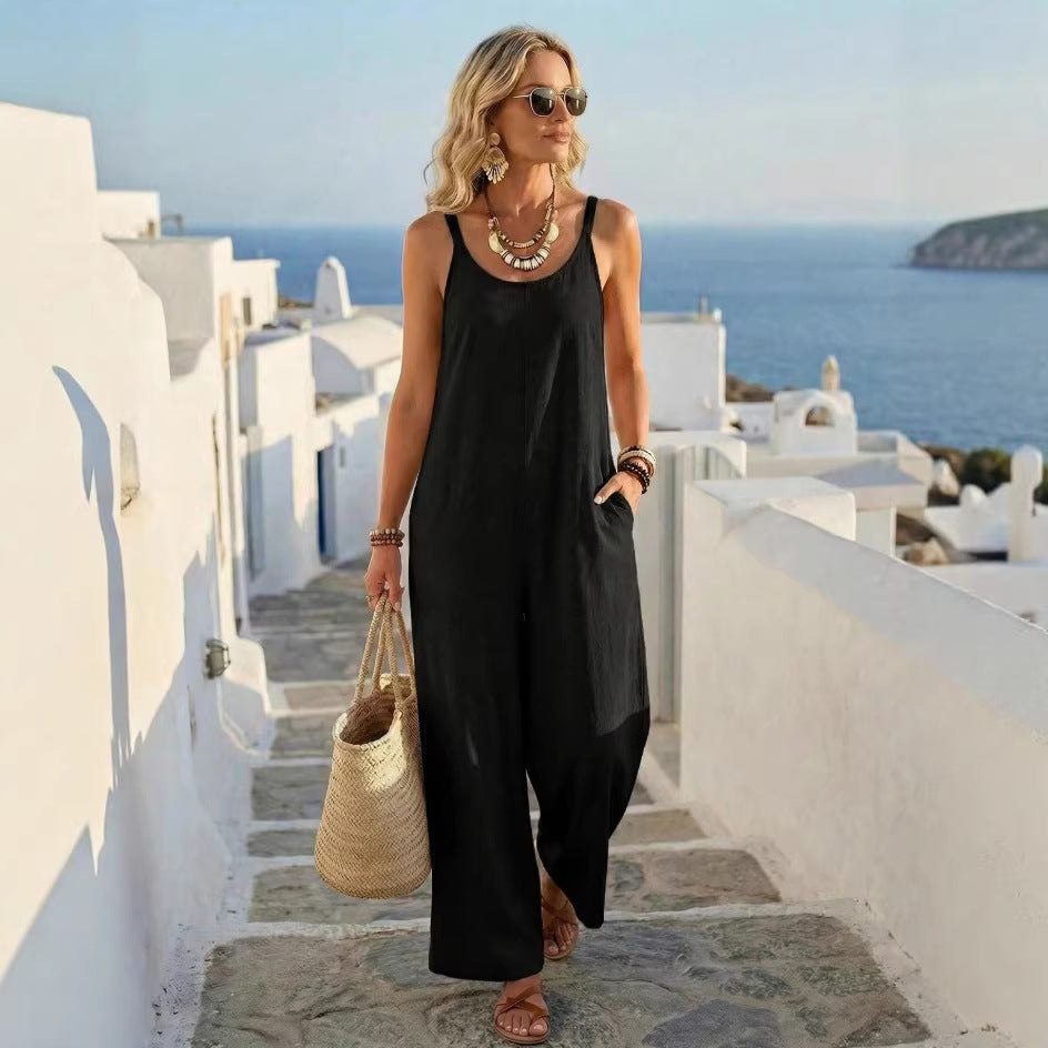 Été Femmes Casual Couleur solide Kaki combinaison de saut à large leg