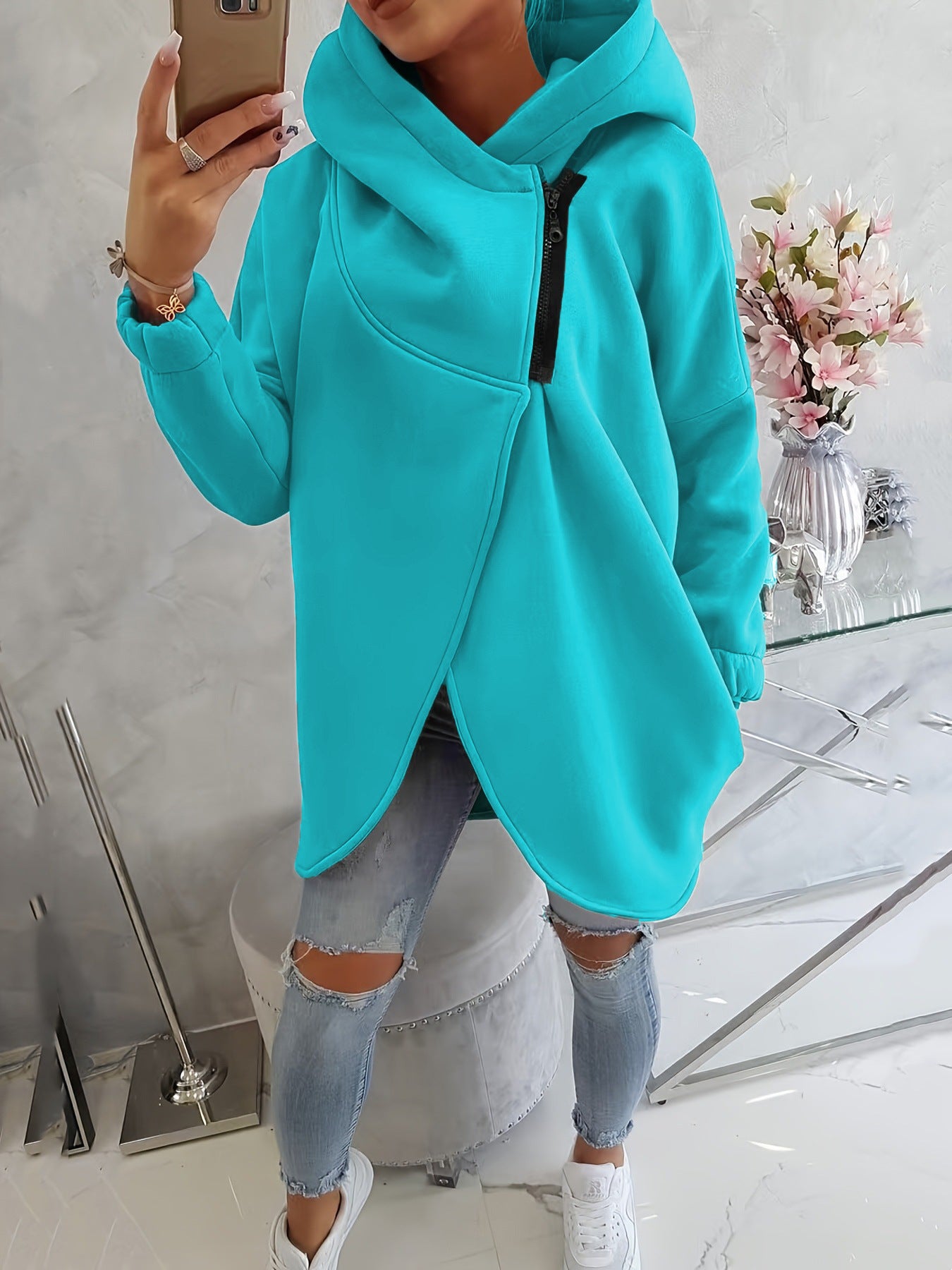 Sweat-shirt casual à capuche noir à manches longues européen et américain avec fron