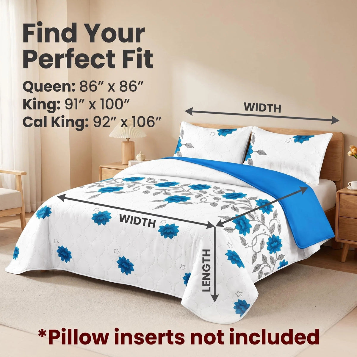 3-Piece Gris Bleu Floral Vine couvre-couche pour roi et roi de Californie