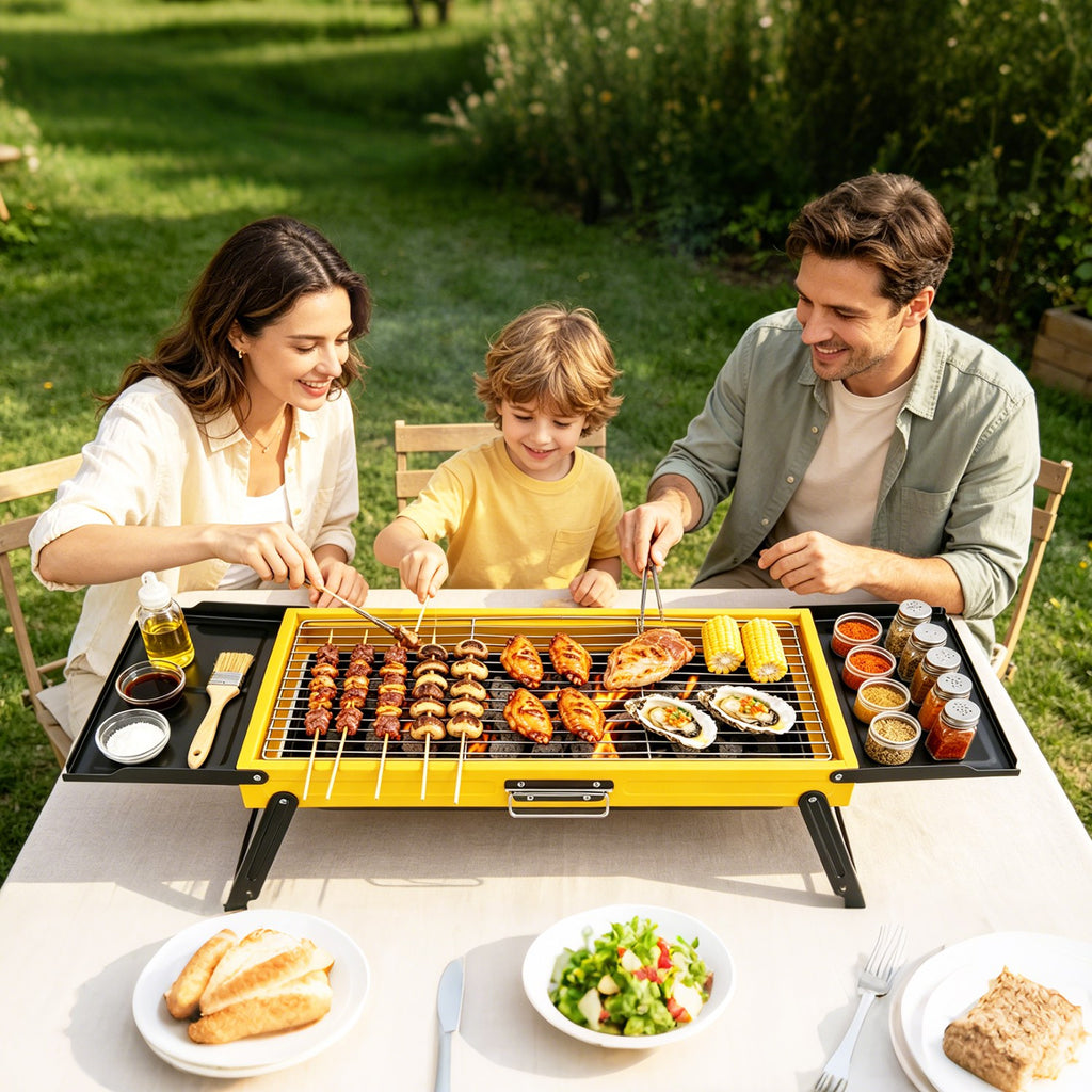 1Pc Portable pliant Charcoal Grill en acier inoxydable Camping BBQ Grill avec panneaux latéraux Com