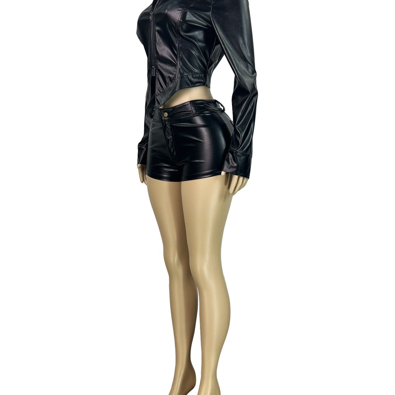 La mode européenne et américaine en cuir pour femme Stand-Collar bi-lay Zipper Biker Long-Sleev