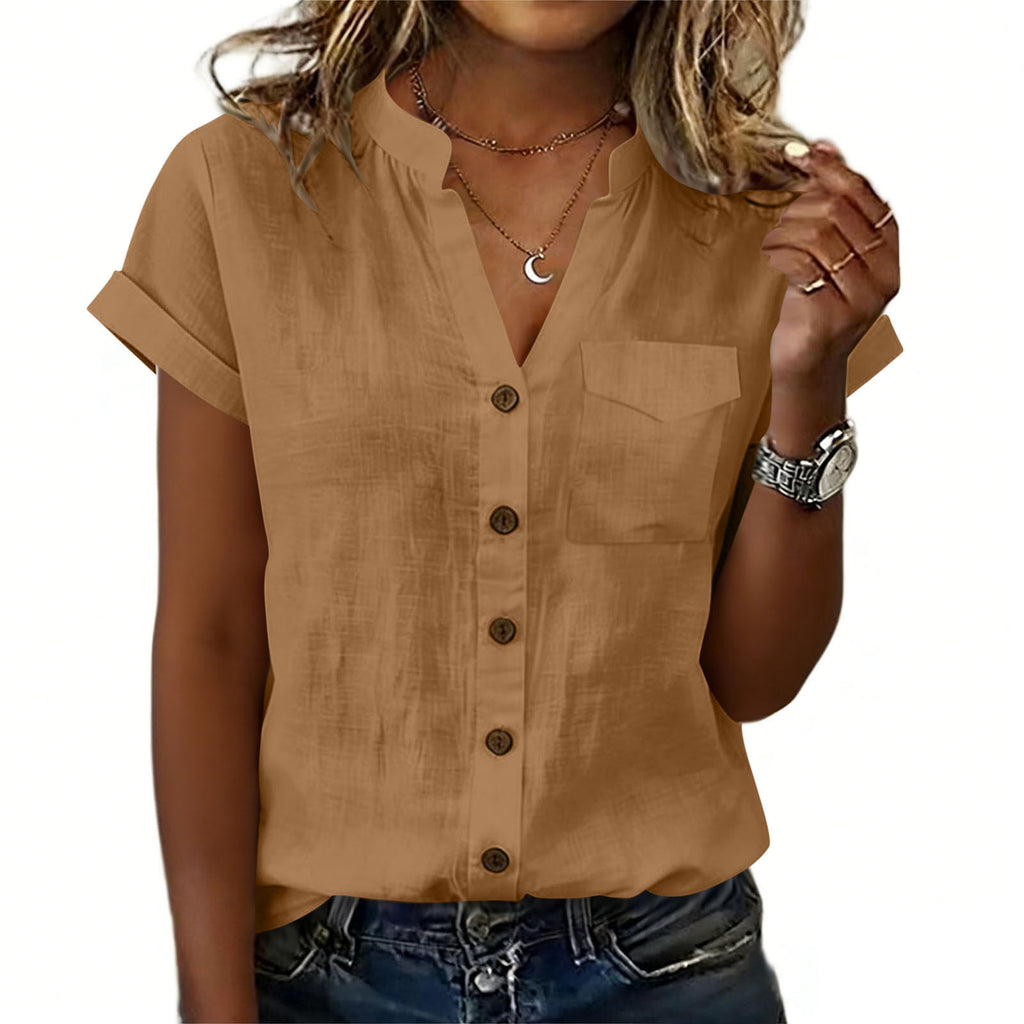 Chemise à manches courtes Elegant Solid Couleur pour femme avec poches