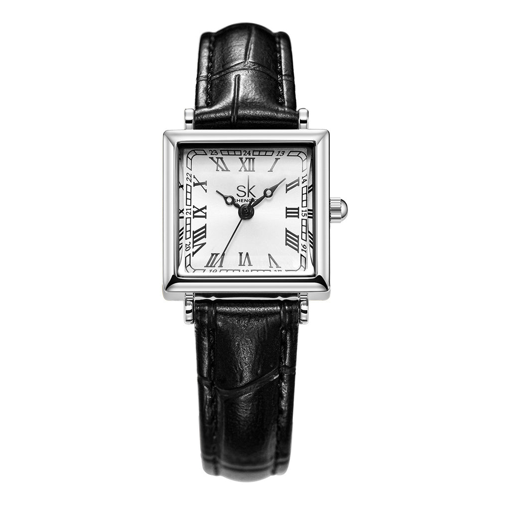 Montre pour femme avec une petite face carrée rétro et une sangle en cuir