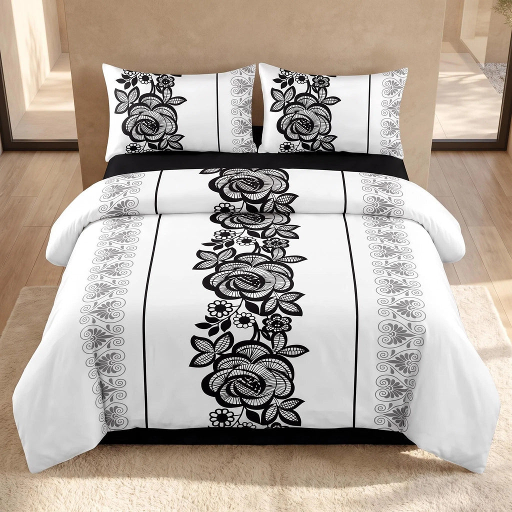 4 pièces noir et blanc Bohème Floral Couvercle de couverture de lit pour la Reine