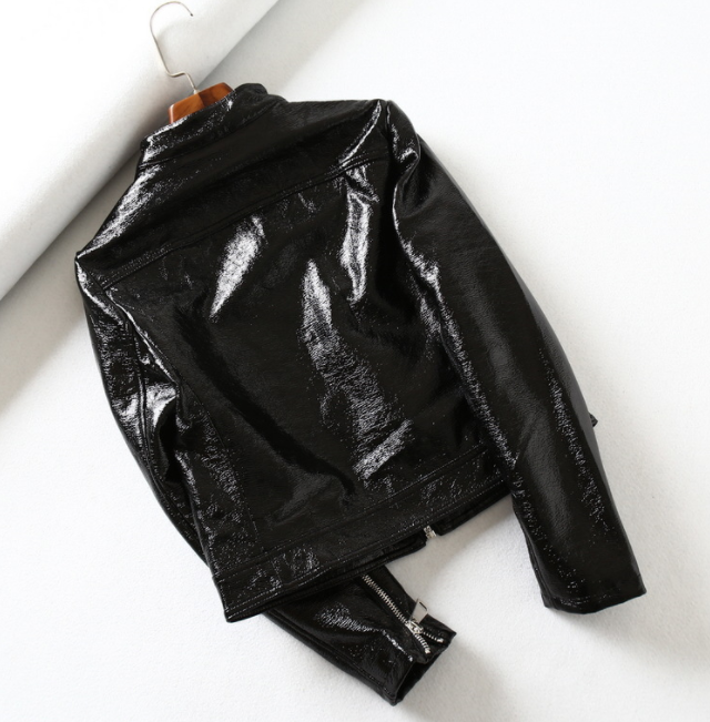 Veste noire en cuir brillant PU courte moto en cuir Veste femme