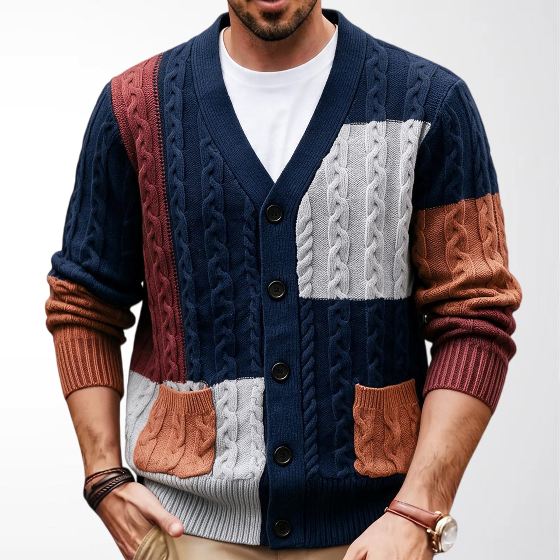 Retro Homme Bloc de couleur Chanvre-fleur Chandail Cardigan