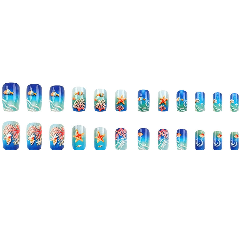 24 Stickers Nail Acrylique Rectangulaire En Bleu Océan Gradient