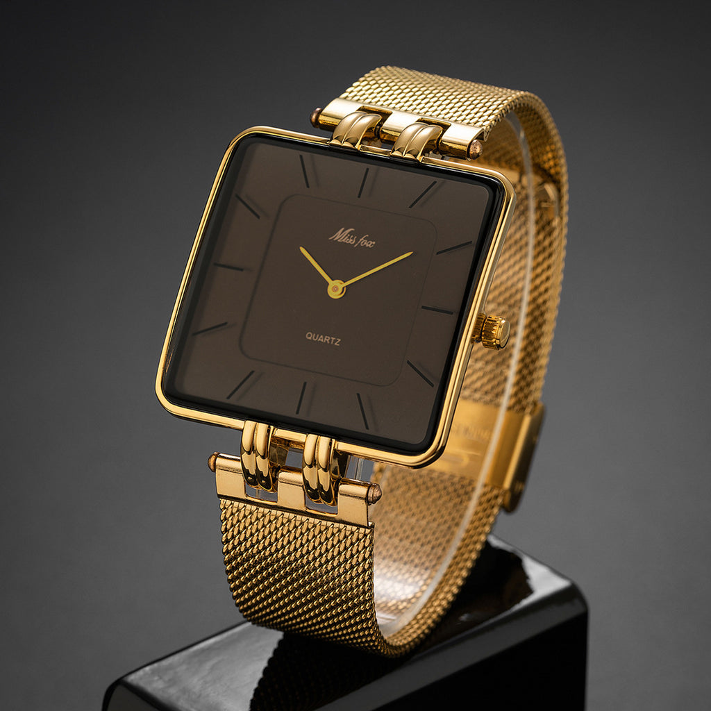 Classic Minimalist Square en acier inoxydable Mesh Band Montre Quartz