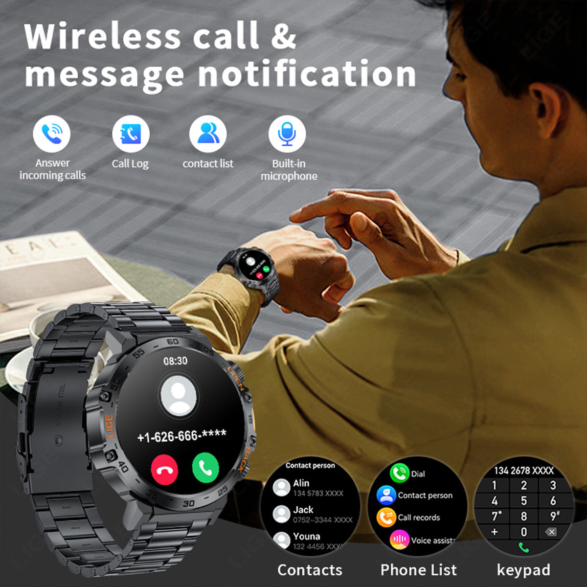 Smartwatch avec fréquence cardiaque Pression artérielle Bluetooth Appel et personnalisation
