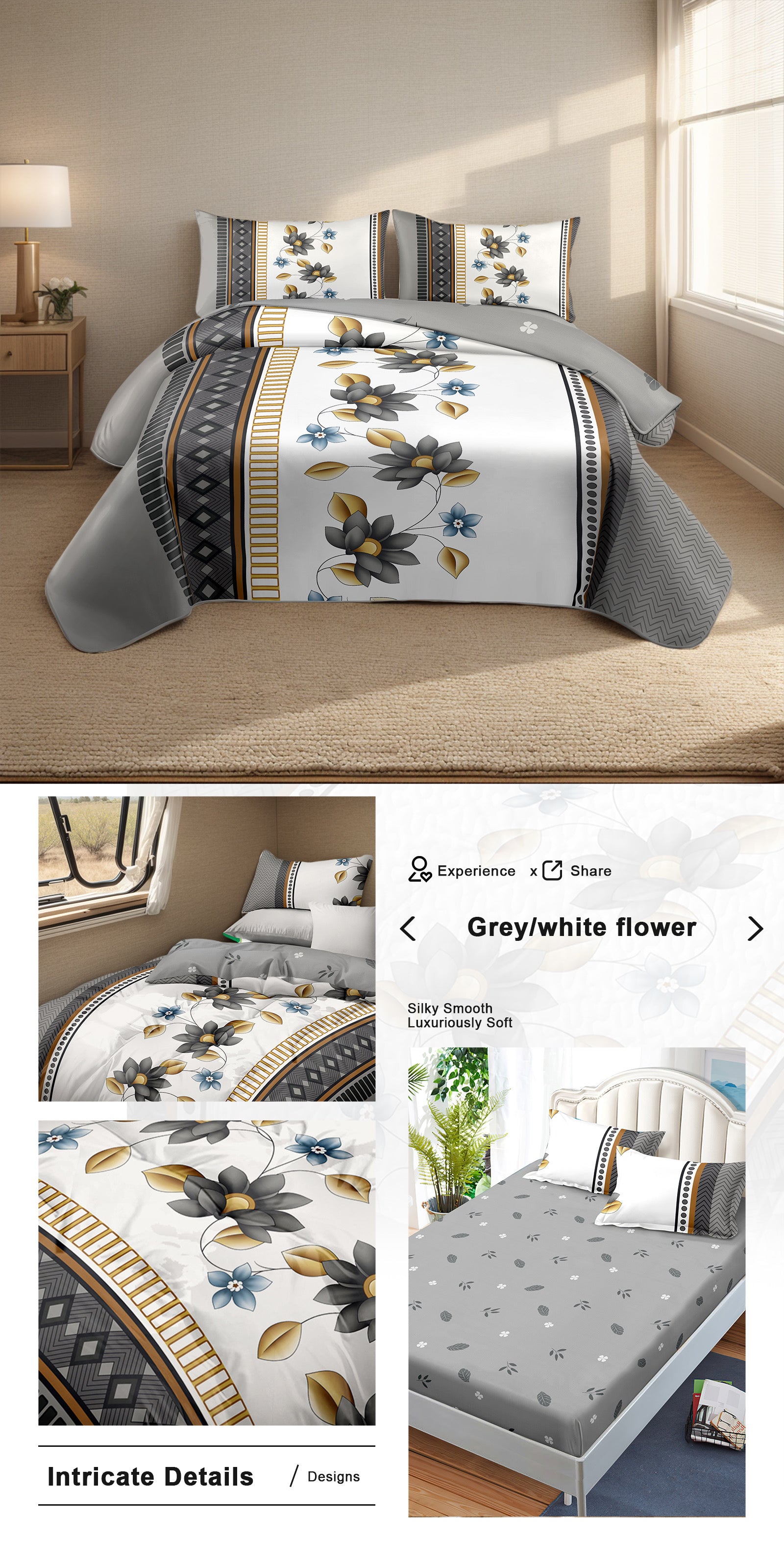 Ensemble de literie 4 piece gris et blanc de couette florale pour la Reine