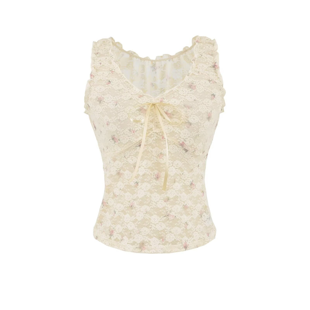 Femmes Camisole en dentelle fleurie sans manches intérieure et dessus extérieur