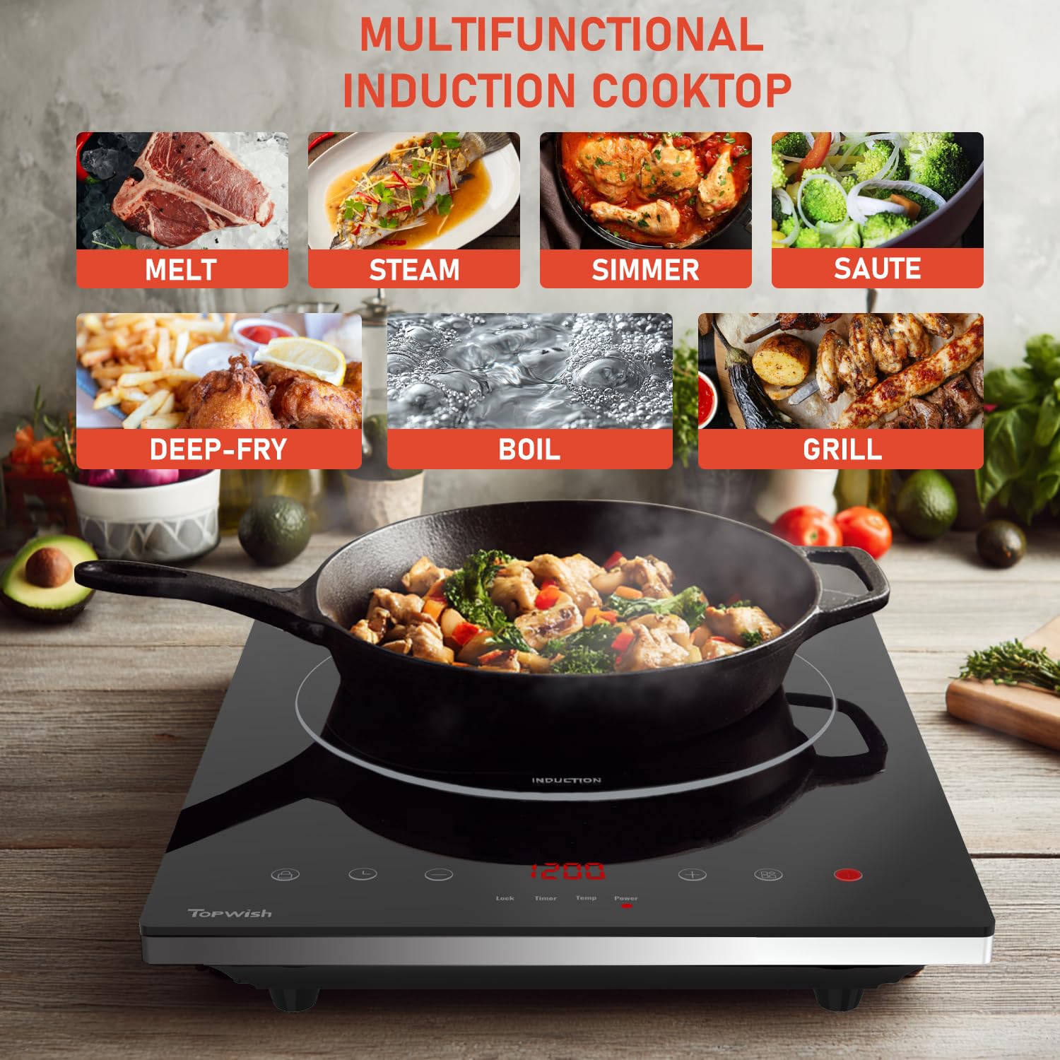 Cuisinière à induction de panneau en cristal noir 2200W