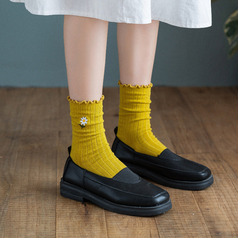 Femmes Printemps Été Chaussettes minces en coton avec bords volants