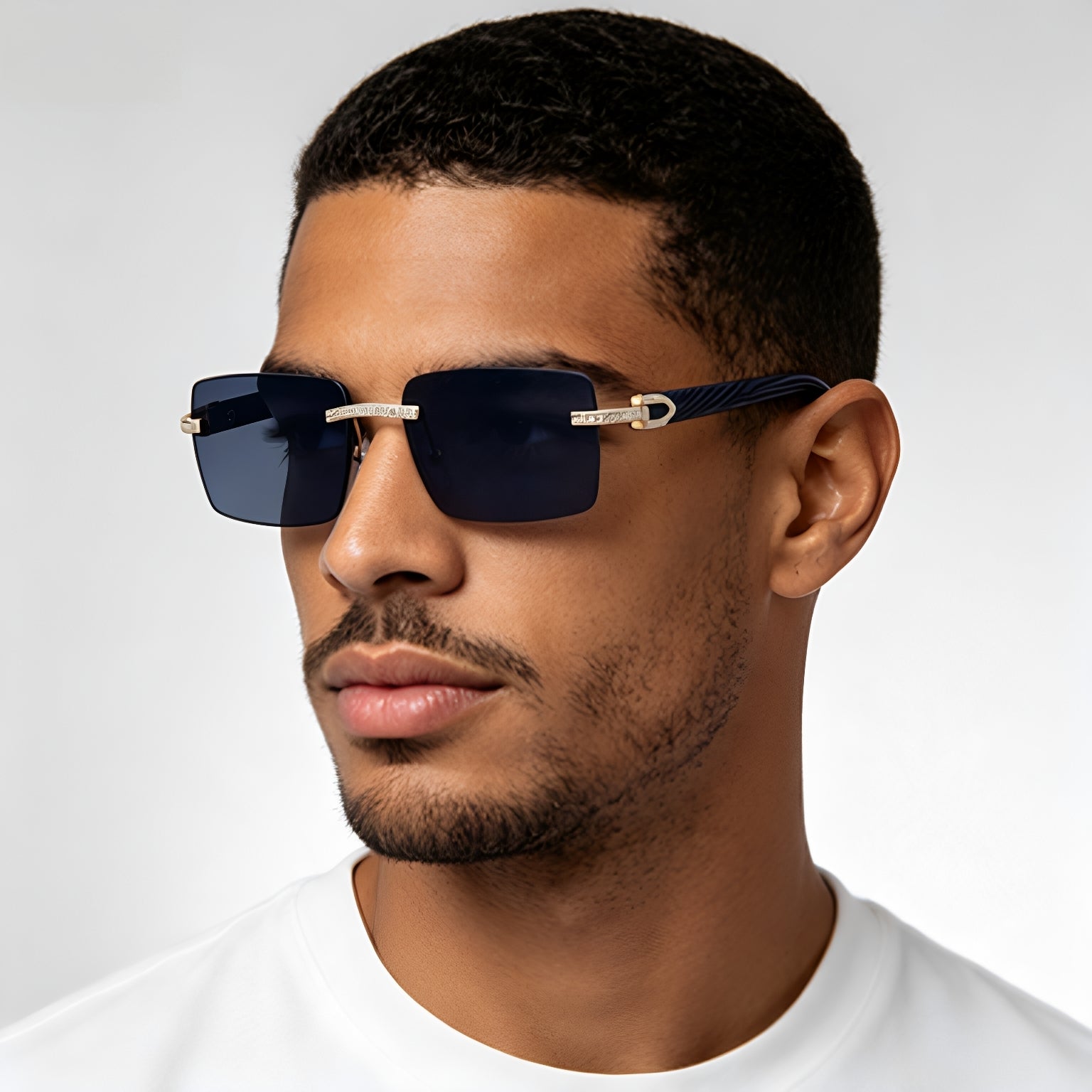 Lunettes de soleil homme sans cadre rétro avec bras de temple en bois incrusté de diamant
