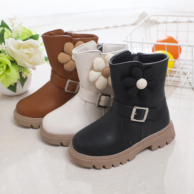 British Style Soft Bottom Western Style Fleurs Bottes en cuir de filles