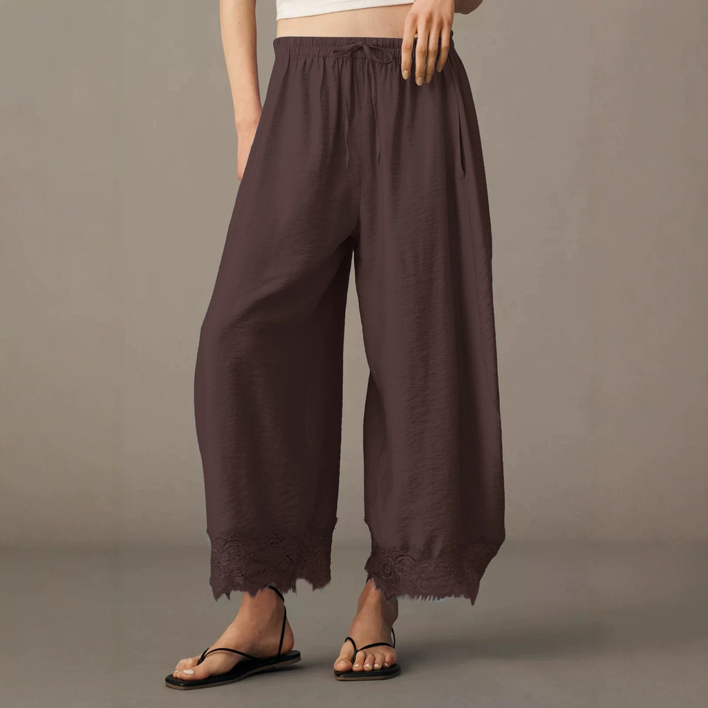 Women's Lace Paneled Wide-Leg Pants with a Burnt Hem