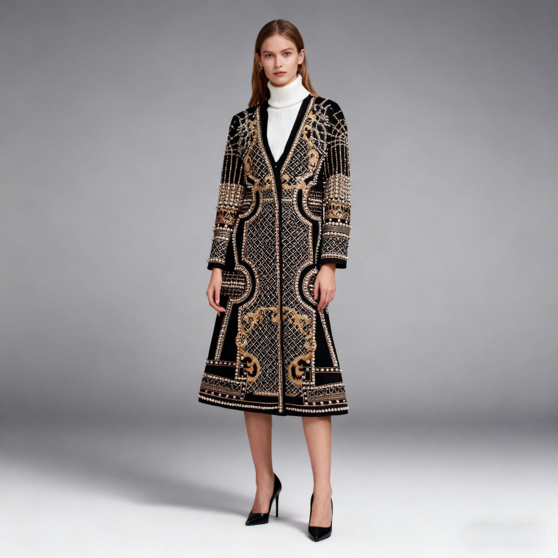 Manteau à manches longues pour femmes avec impression florale et perles
