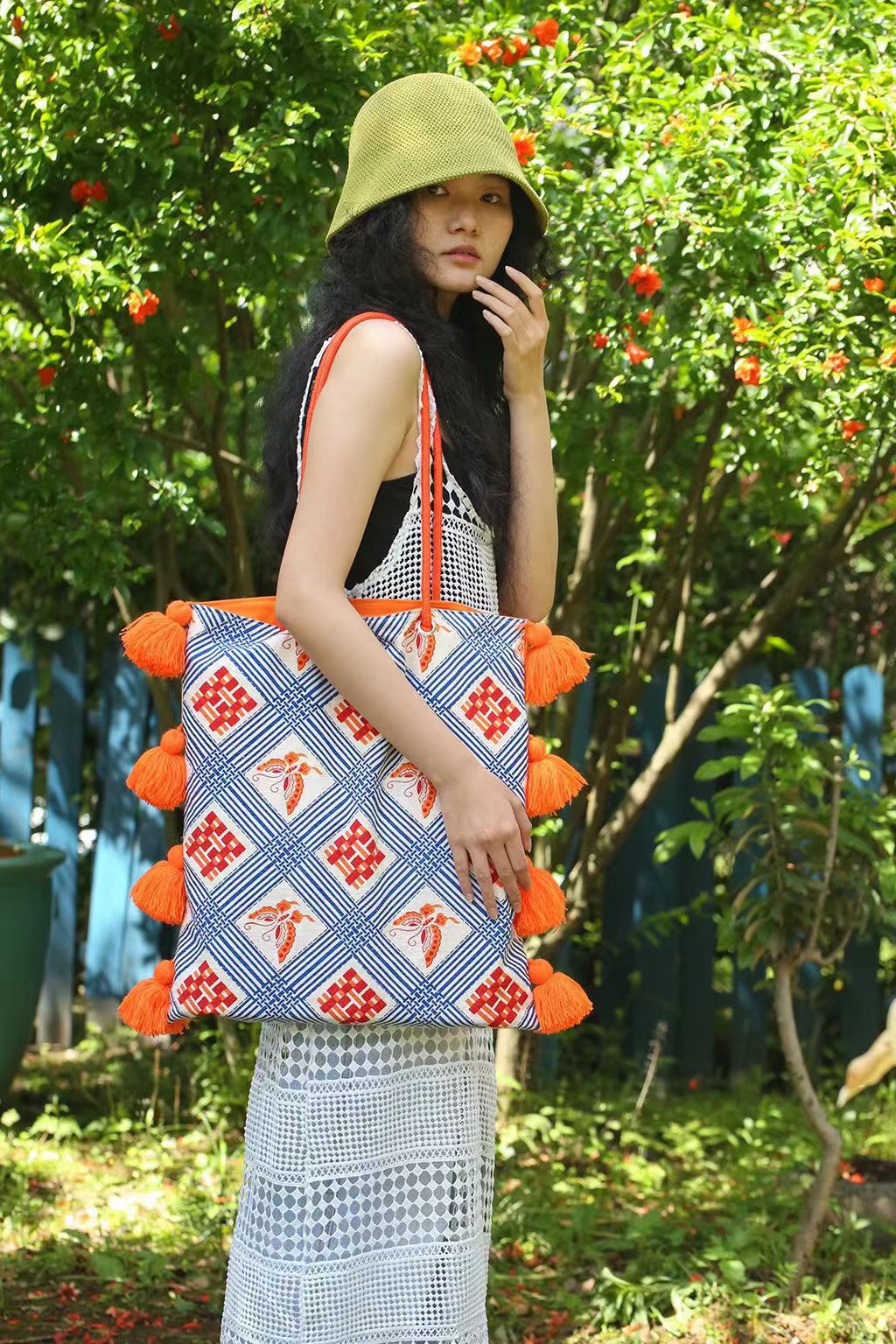 Sac en toile de tassel contrast-colore style chinois