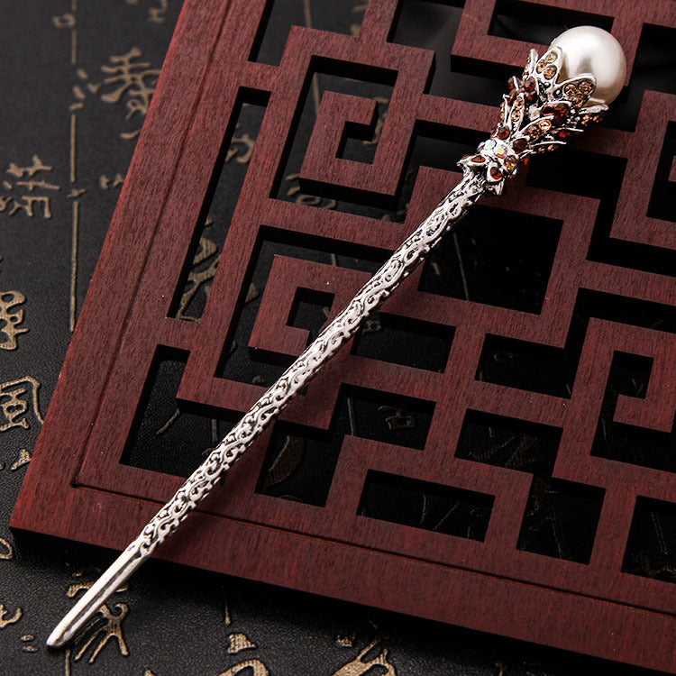 Vintage bronze hair pin with Rhinestones and Pearls