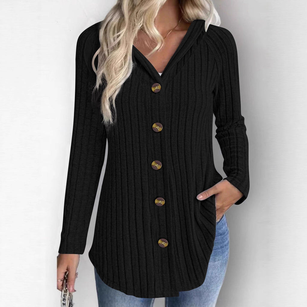 Femmes en tricot côtelé haut à capuche manches longues bouton vers le bas casual chemise Curved Hem Blouse avec S