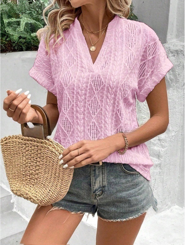 European and American Summer Casual Hollow Jacquard V-Neck Loose Shirt à manches courtes pour W