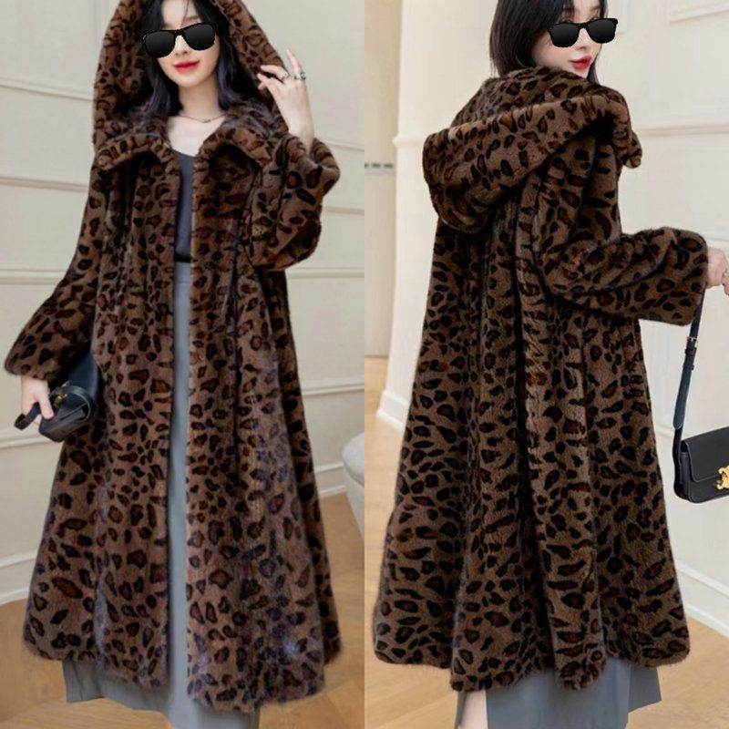 Leopard-print Longueur prolongée Sur-le-genre Faux Mink-fur Manteau