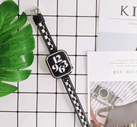 Iwatch7 654321 Black and White Checker Toile Bracelet en cuir