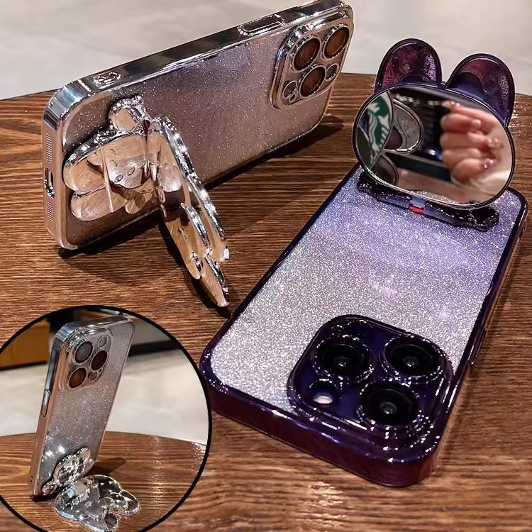Étui de téléphone de lapin électroplaqué avec miroir de maquillage Couverture de protection graduée