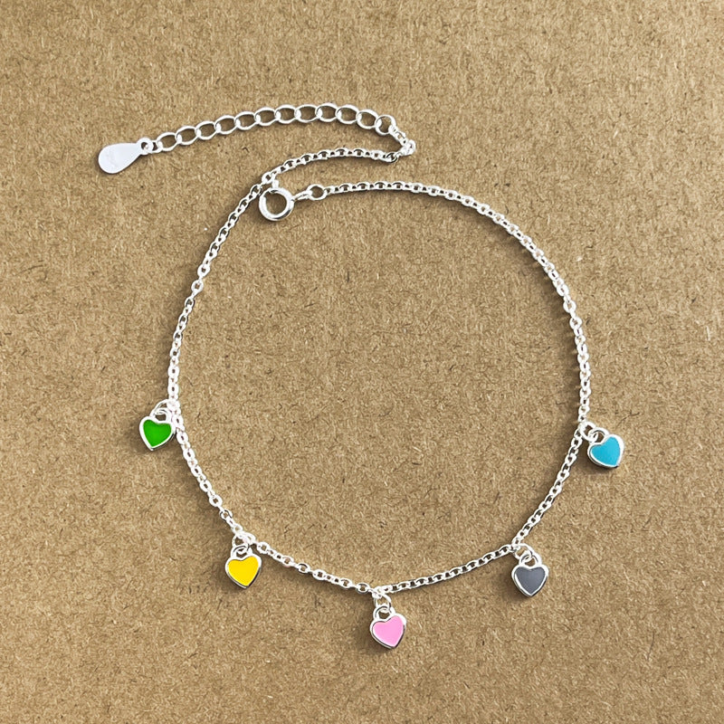 925 Argent Sterling Coeur coloré huile-dépôt de cheville pour les femmes