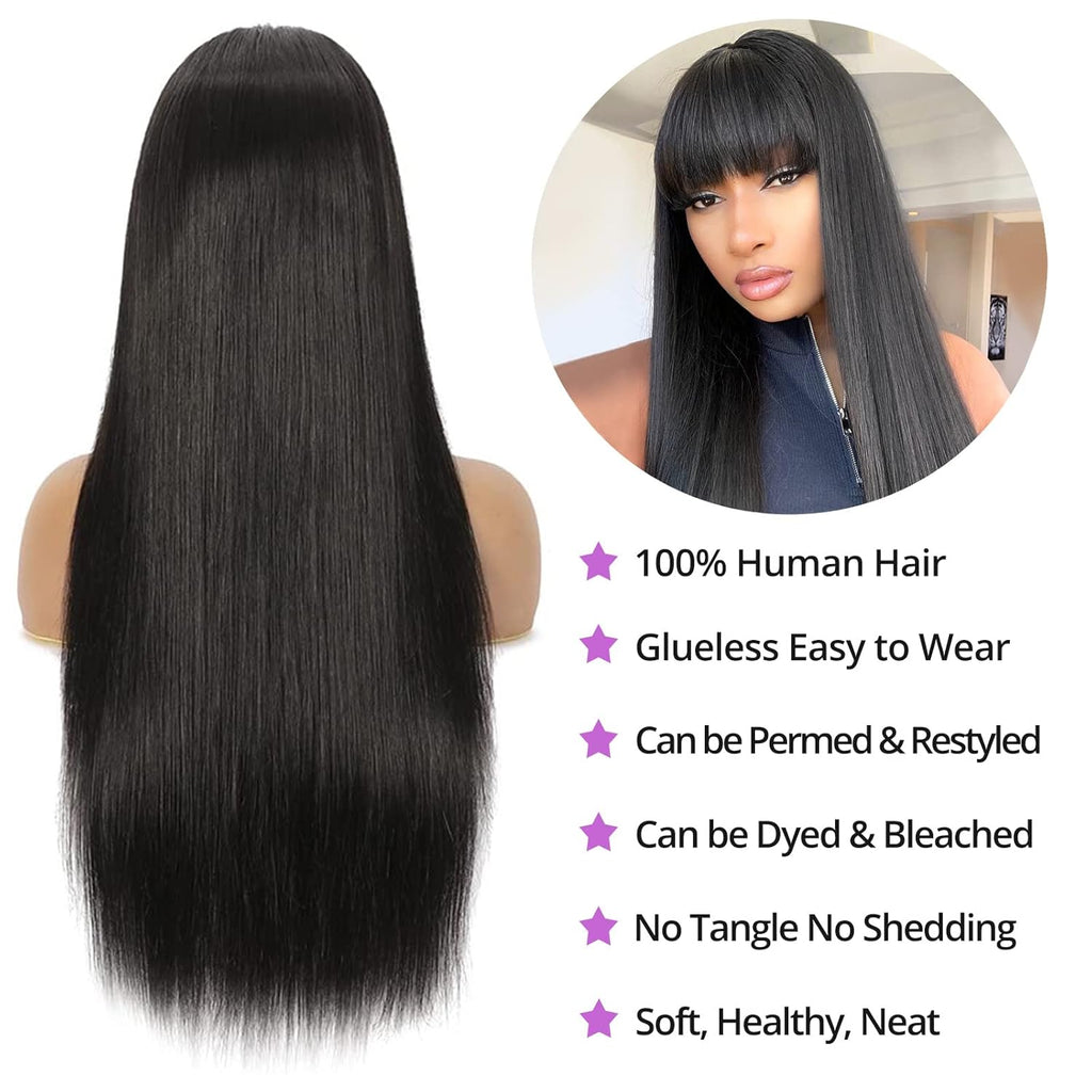 Perruque droite de cheveux humains faite à la machine avec des bangs