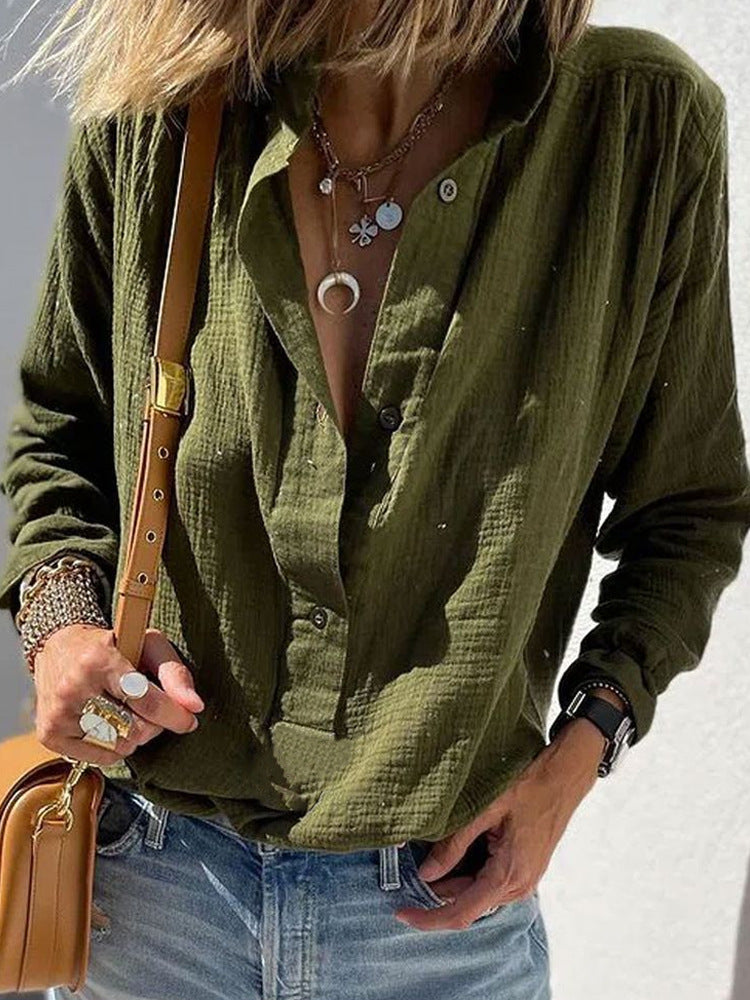 European and American Spring Women's Casual Loose Fashion Long Sleeve Cotton Chanvre Solid Co