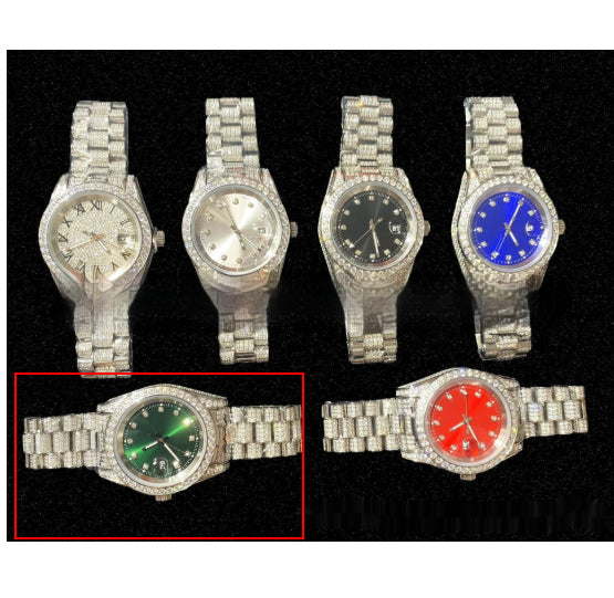 Men's round quartz watch with a steel bracelet and a diamond-encrusted dial