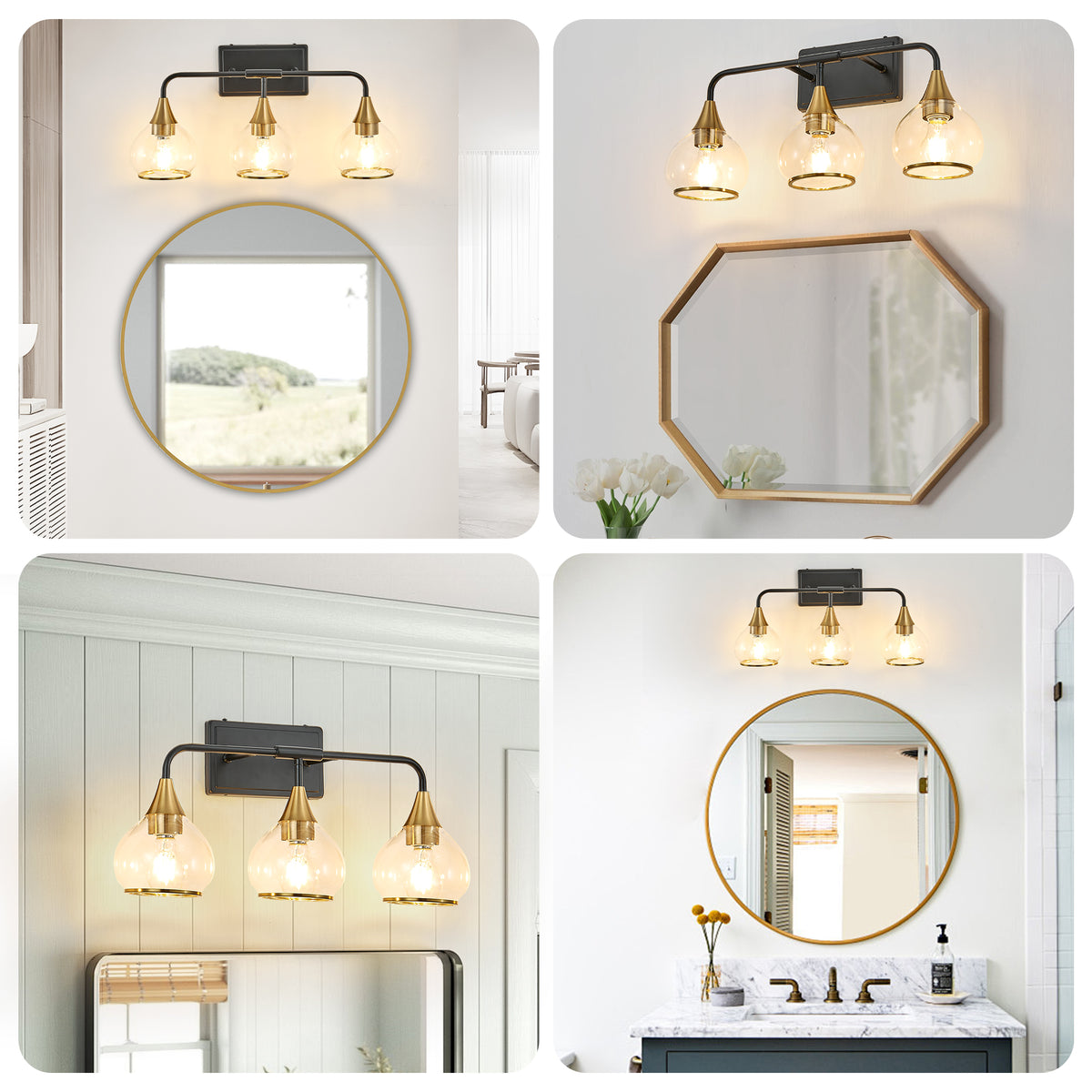 23in Modern 3-Light Vanity Wall Sconce - Black and Gold Bathroom Light Fixture with Clear Glass