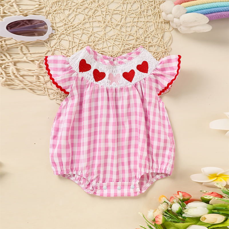Broderie & Ruffle de coeur à carreaux de manches courtes de bébé fille avec le dos coupé- O