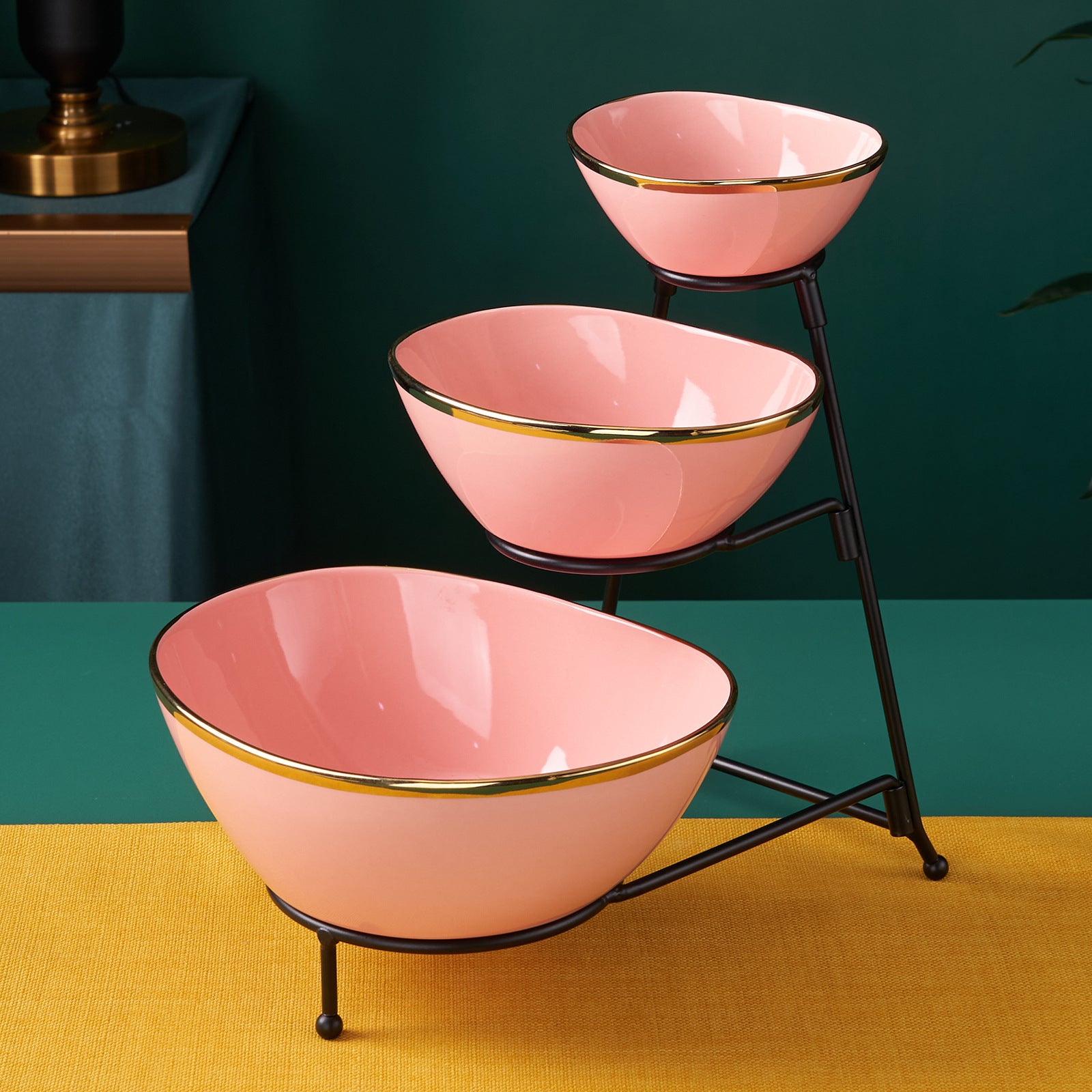 Plateau de fruits en forme de lingot en céramique léger à trois étages pour la maison et le bureau utilisation or-tri