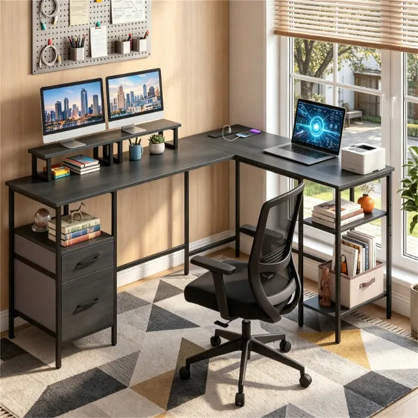 Bureau d'angle en L avec borne de recharge