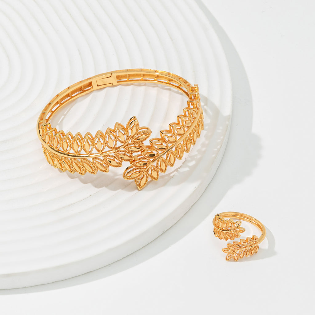 Bracelet d'or en feuille d'oreille 2cps avec bague ouverte