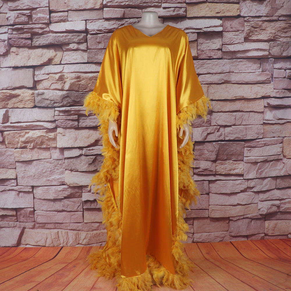 Robe décontractée pour femmes africaines Robe de luxe entièrement encerclée en plumes claires Bâtir Manche haute fente