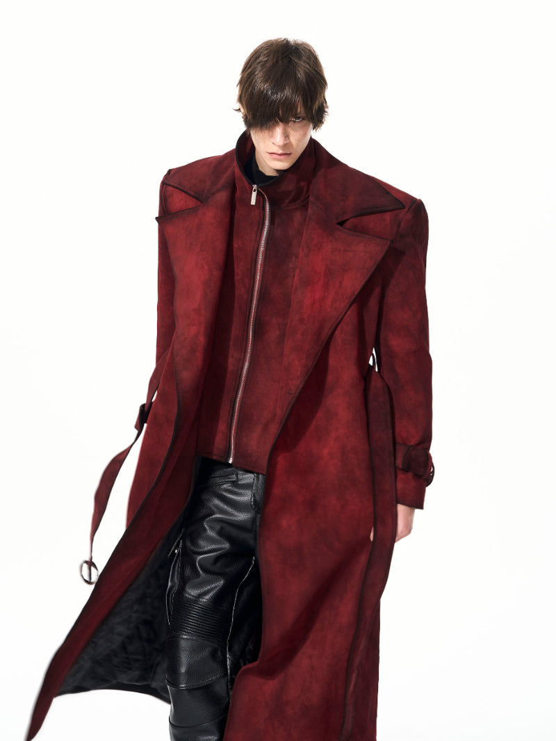 Mens Red Faux Deux-Piece Suede-Look Rembourré Thicker Long-Style Laine Trench Coat