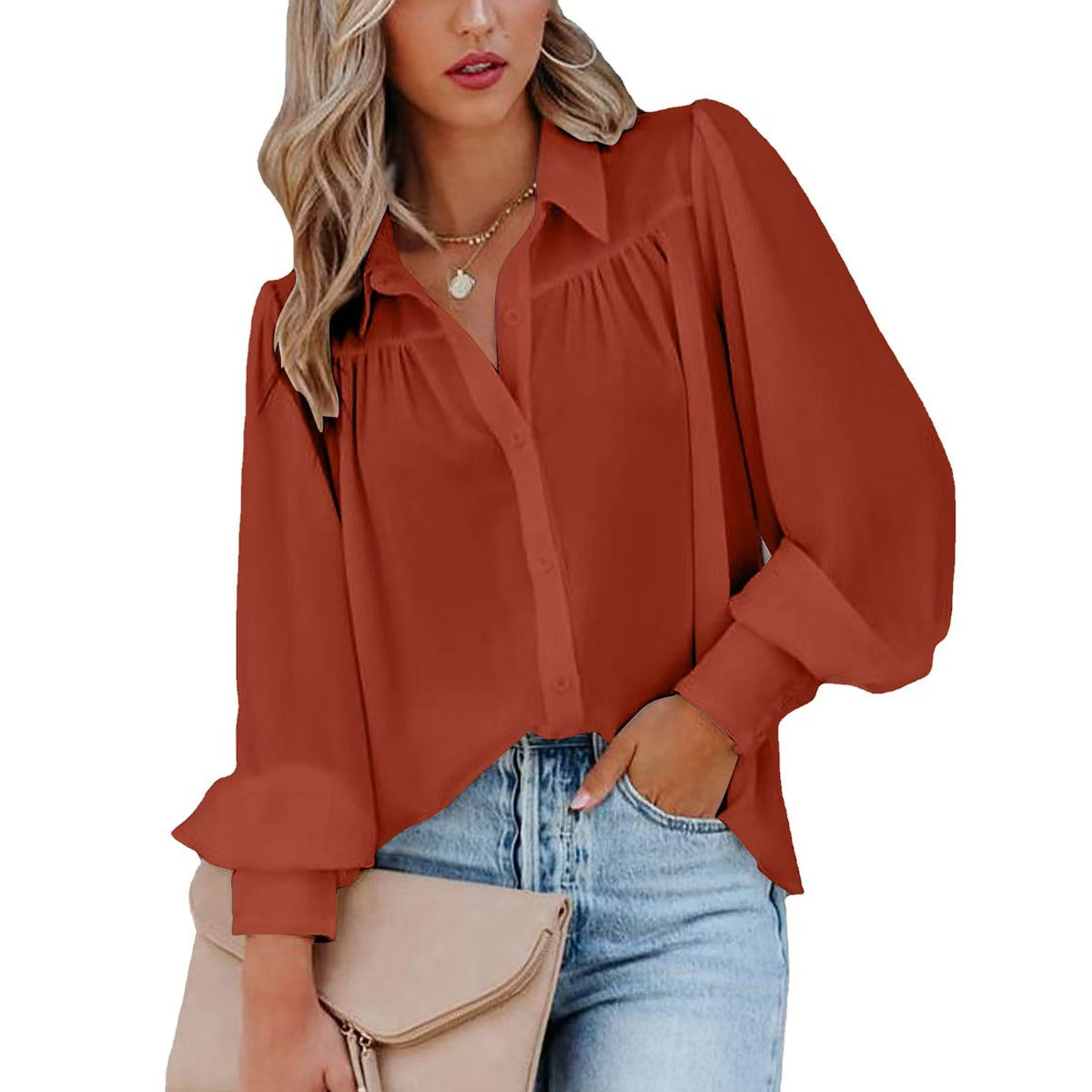 Tie-Up Amazon Manches de lanterne plissées Collier de support de couleur solide