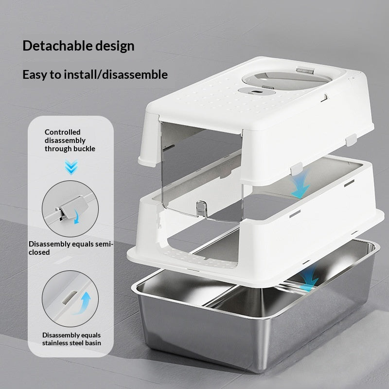 Boîte à litière pour chats en acier inoxydable avec couvercle de dessus en Flip