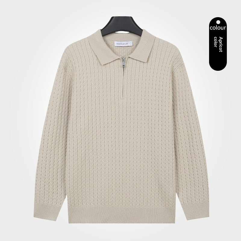 Hommes tricoté manches longues Top avec un lapel et demi-zip