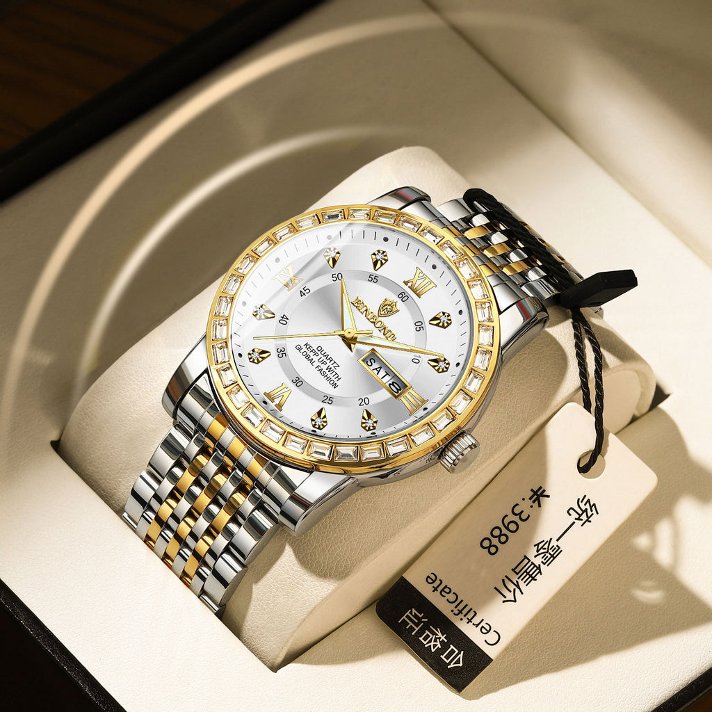 Business Diamant-embeded Montre mécanique double calendrier étanche
